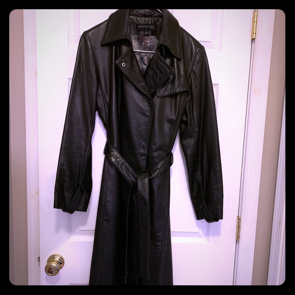 Full length black leather trench coat